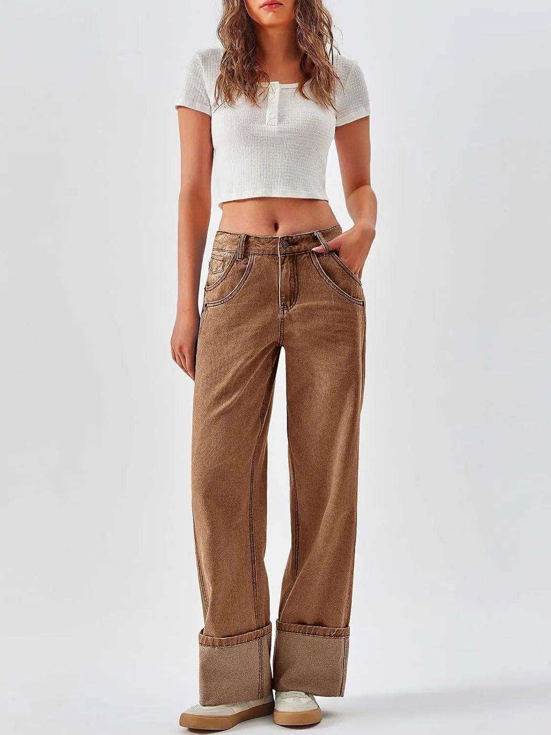 PLNOTME Womens Baggy Jeans Boyfriend Wide Leg Trendy Casual Mid Rise Cuffed Hem Denim Pants with Pockets