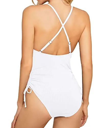 Plunge V Neck Women's Sexy One Piece Swimsuit-White