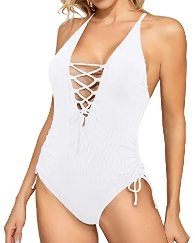 Plunge V Neck Women's Sexy One Piece Swimsuit-White