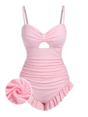 [Pre-Sale] Pale Pink 1950s Solid Ruched Swimsuit