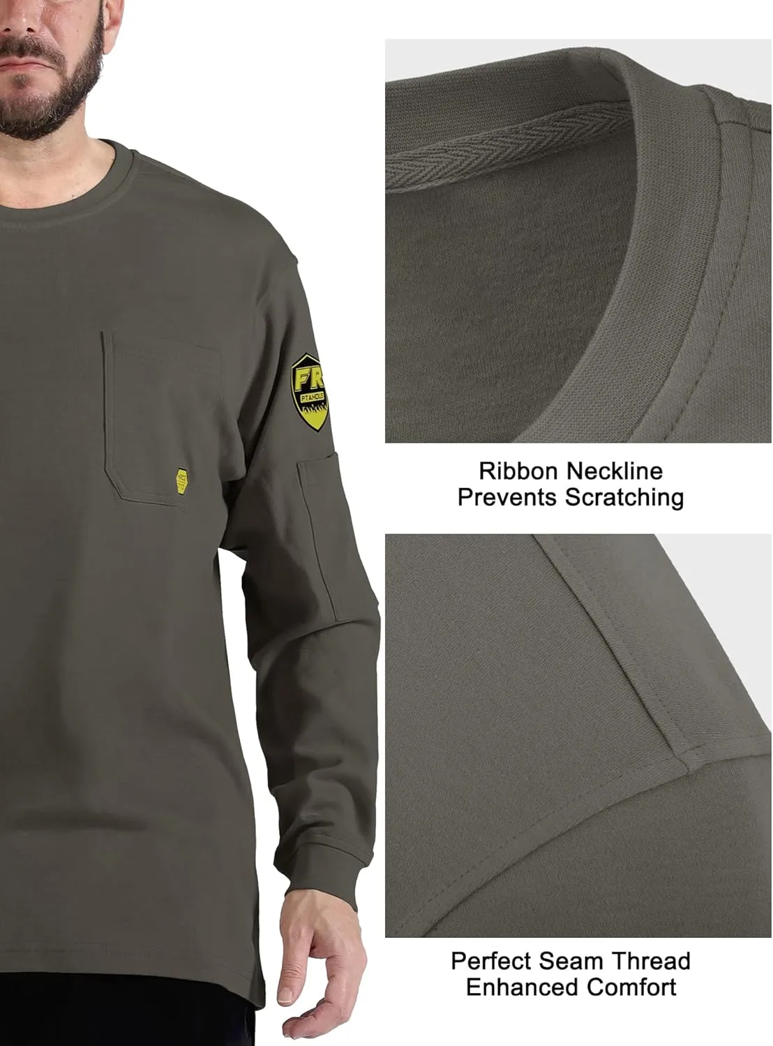 PTAHDUS FR Shirts for Men,5.5oz/7.1oz Round Neck Flame Resistant Long Sleeve Shirts, 100% Cotton Workwear FR Clothing for Men