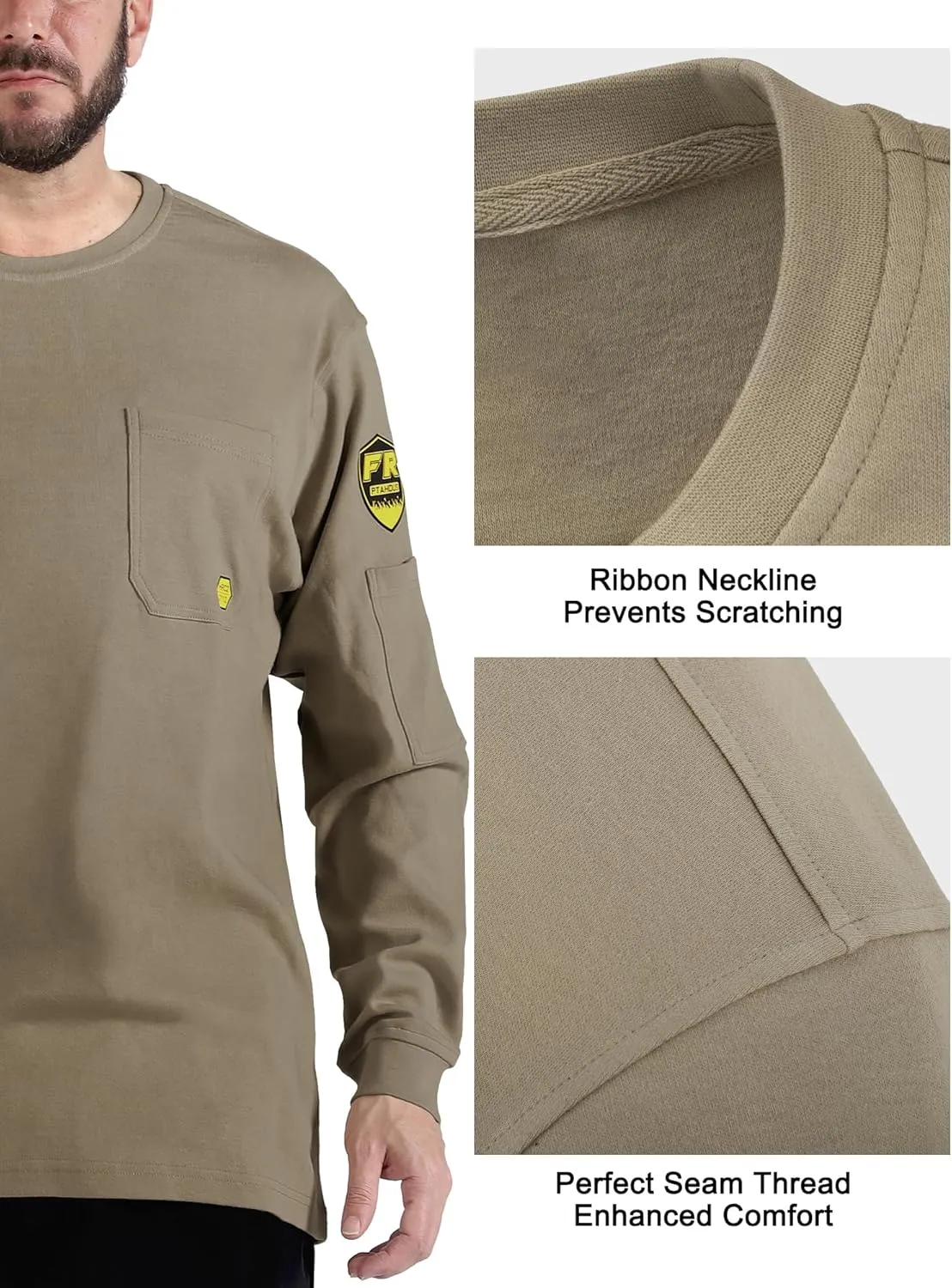 PTAHDUS FR Shirts for Men,5.5oz/7.1oz Round Neck Flame Resistant Long Sleeve Shirts, 100% Cotton Workwear FR Clothing for Men