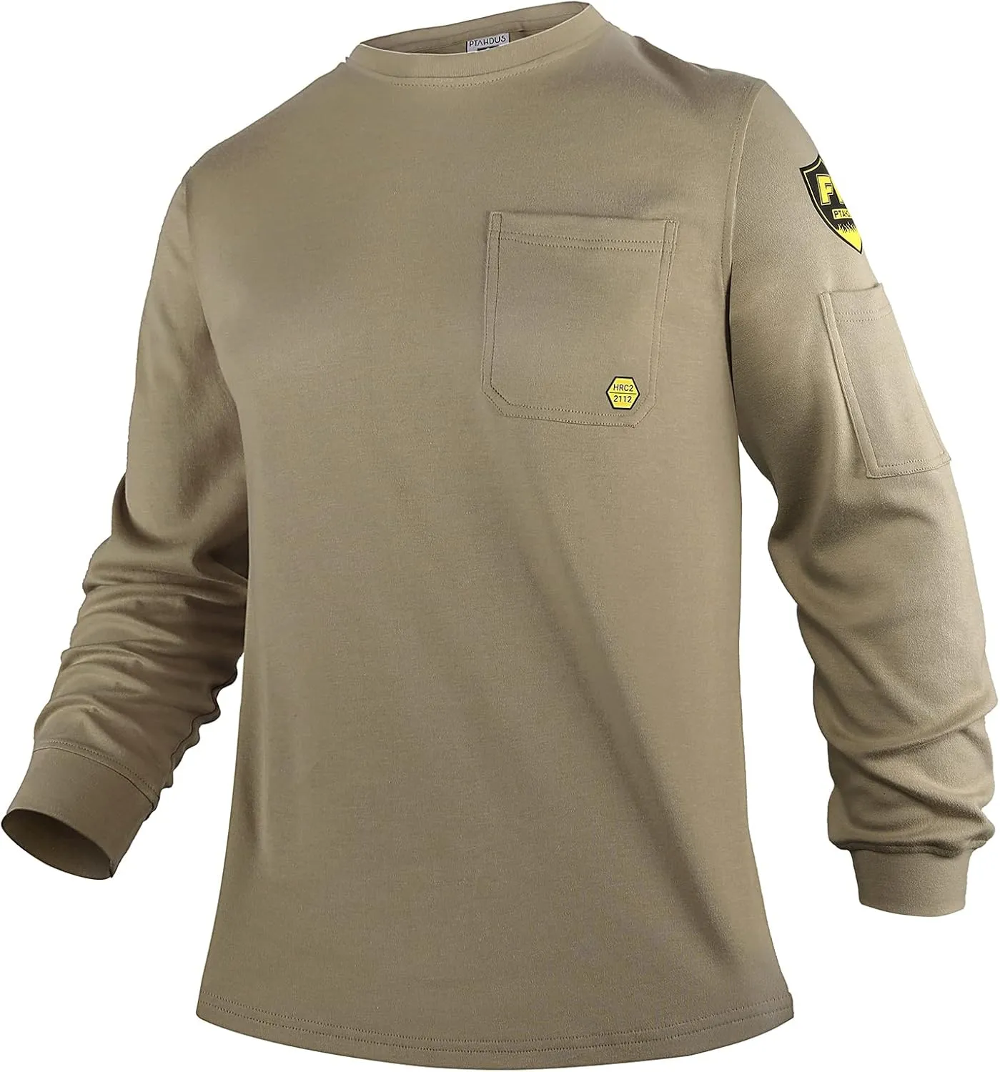 PTAHDUS FR Shirts for Men,5.5oz/7.1oz Round Neck Flame Resistant Long Sleeve Shirts, 100% Cotton Workwear FR Clothing for Men