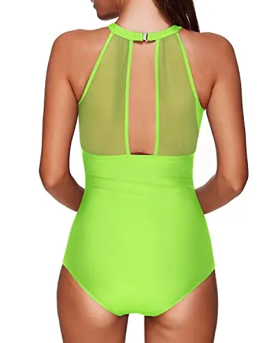 Push-Up Padded One-Piece Swimsuit Deep Plunge Back-Neon Green