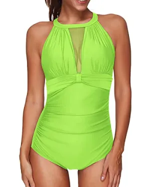 Push-Up Padded One-Piece Swimsuit Deep Plunge Back-Neon Green