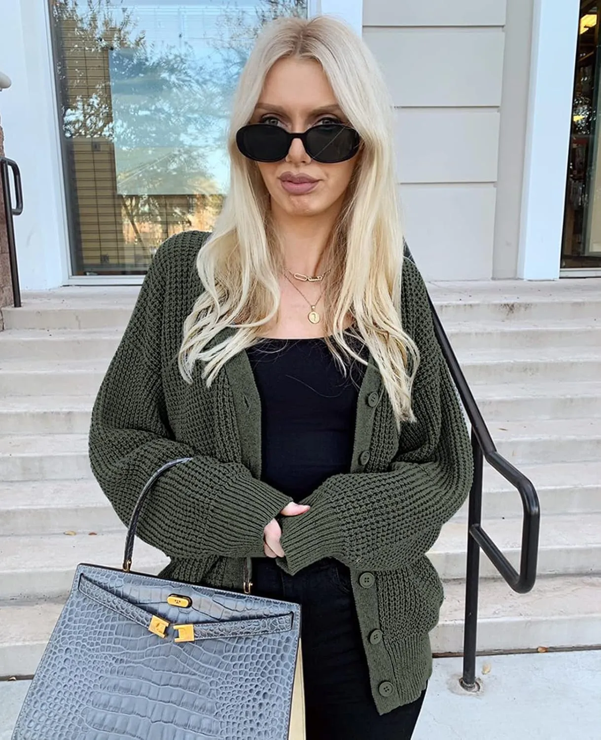 QUALFORT Cardigan Sweaters for Women 100% Cotton Button-Down Long Sleeve Oversized Knit Outerwear