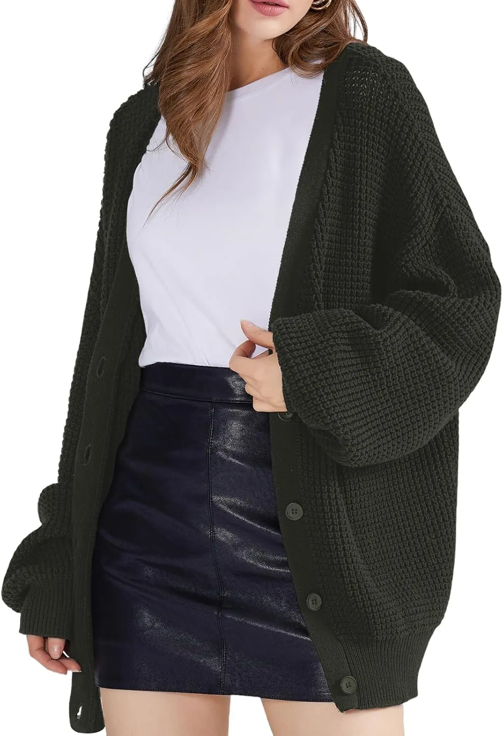 QUALFORT Cardigan Sweaters for Women 100% Cotton Button-Down Long Sleeve Oversized Knit Outerwear