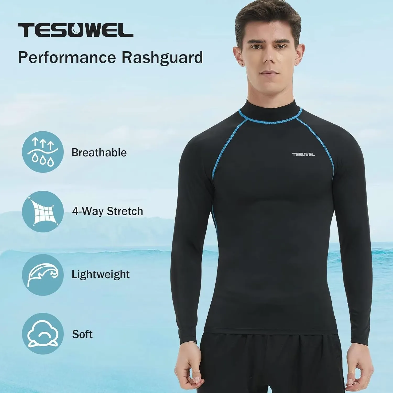 Rash Guard for Men Long Sleeve UPF 50  Mens Swim Shirts UV Protection Compression Surfing Water Shirts Quick Dry