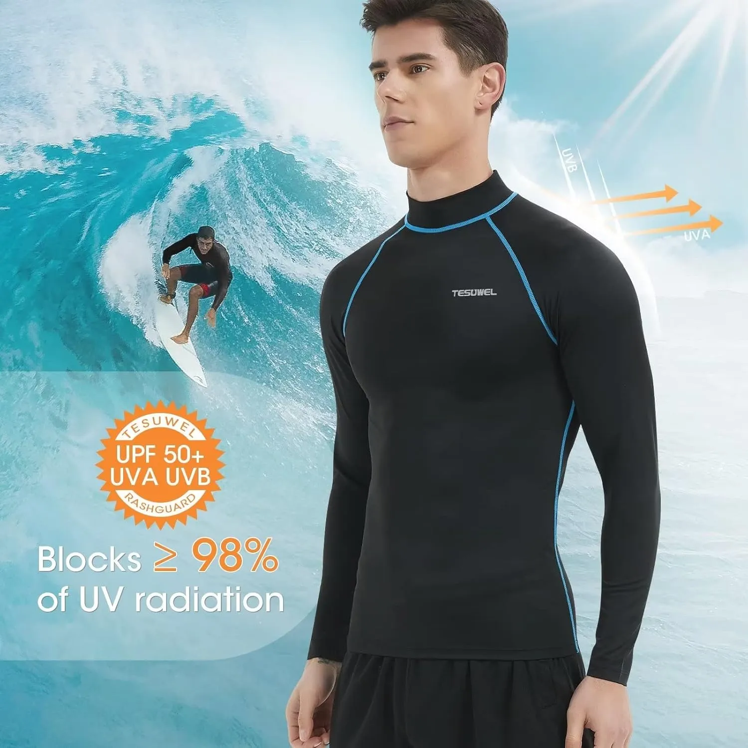 Rash Guard for Men Long Sleeve UPF 50  Mens Swim Shirts UV Protection Compression Surfing Water Shirts Quick Dry