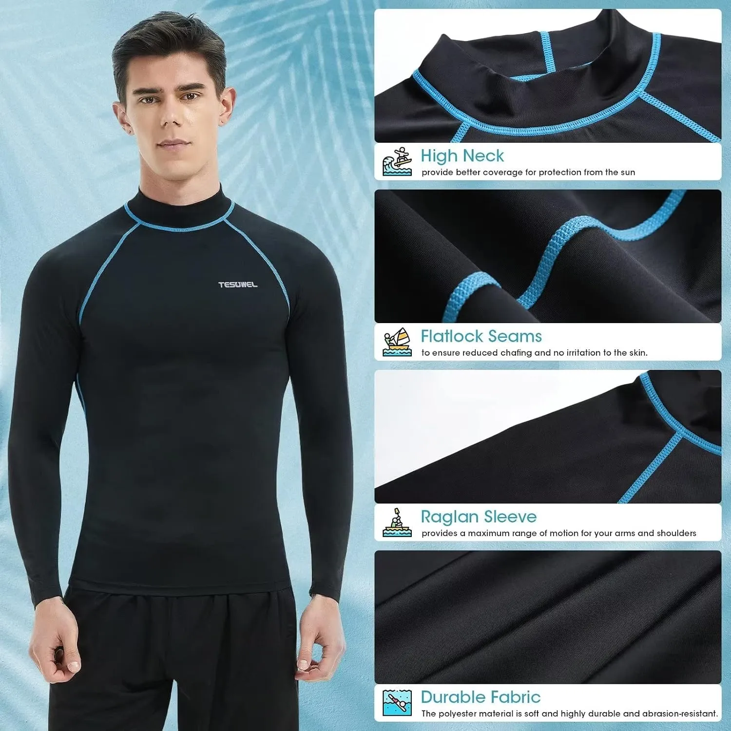 Rash Guard for Men Long Sleeve UPF 50  Mens Swim Shirts UV Protection Compression Surfing Water Shirts Quick Dry