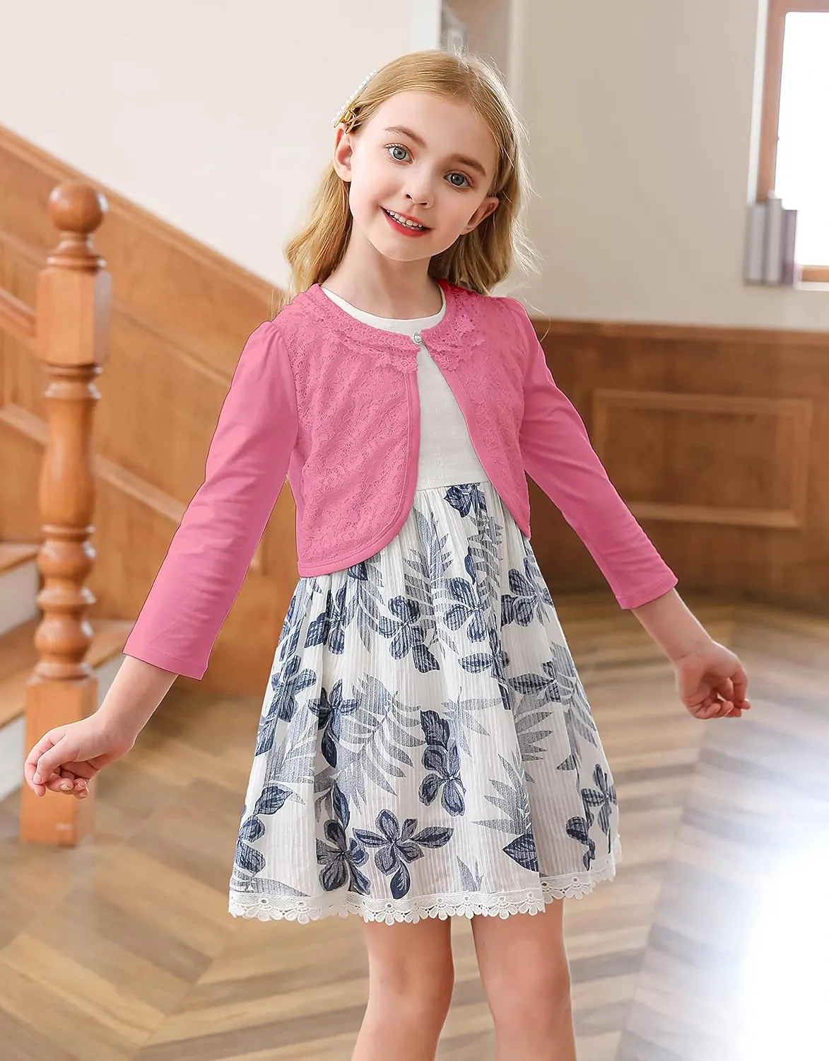 RAYPOSE Little Girls Cardigan Sweater Long Sleeve Dress Cover Up Pearl Button Open Front Lace Bolero Shrug Cotton