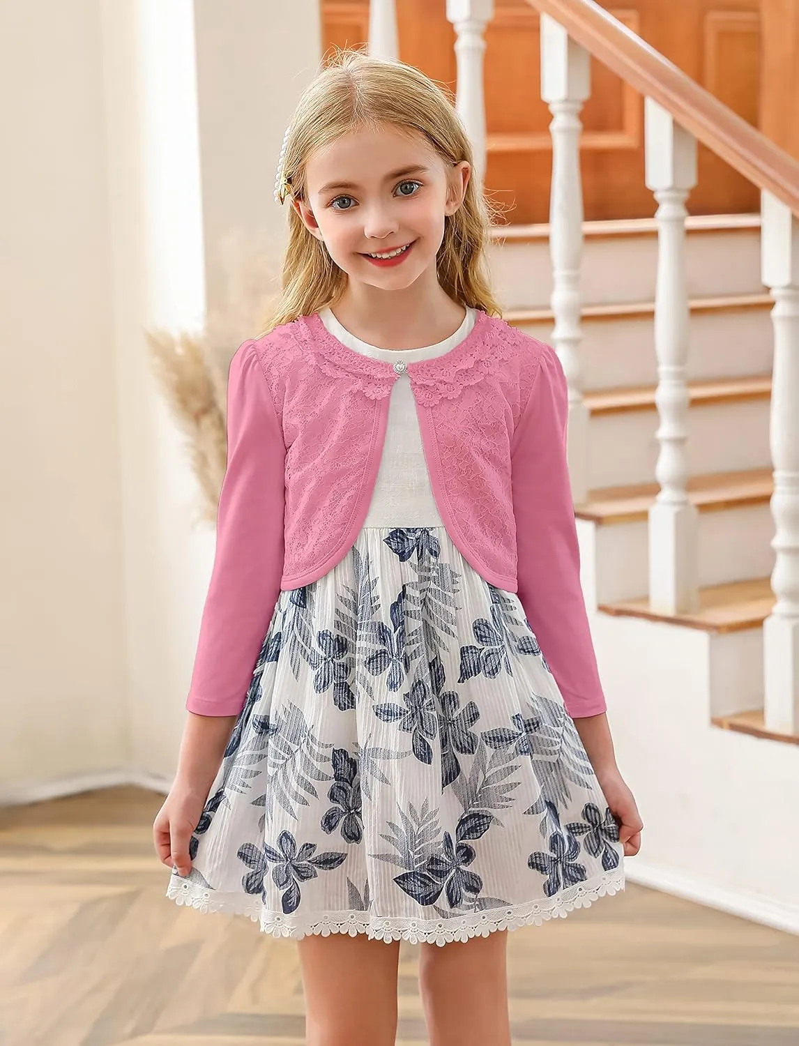 RAYPOSE Little Girls Cardigan Sweater Long Sleeve Dress Cover Up Pearl Button Open Front Lace Bolero Shrug Cotton