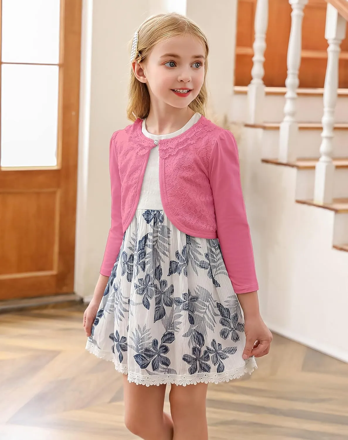 RAYPOSE Little Girls Cardigan Sweater Long Sleeve Dress Cover Up Pearl Button Open Front Lace Bolero Shrug Cotton