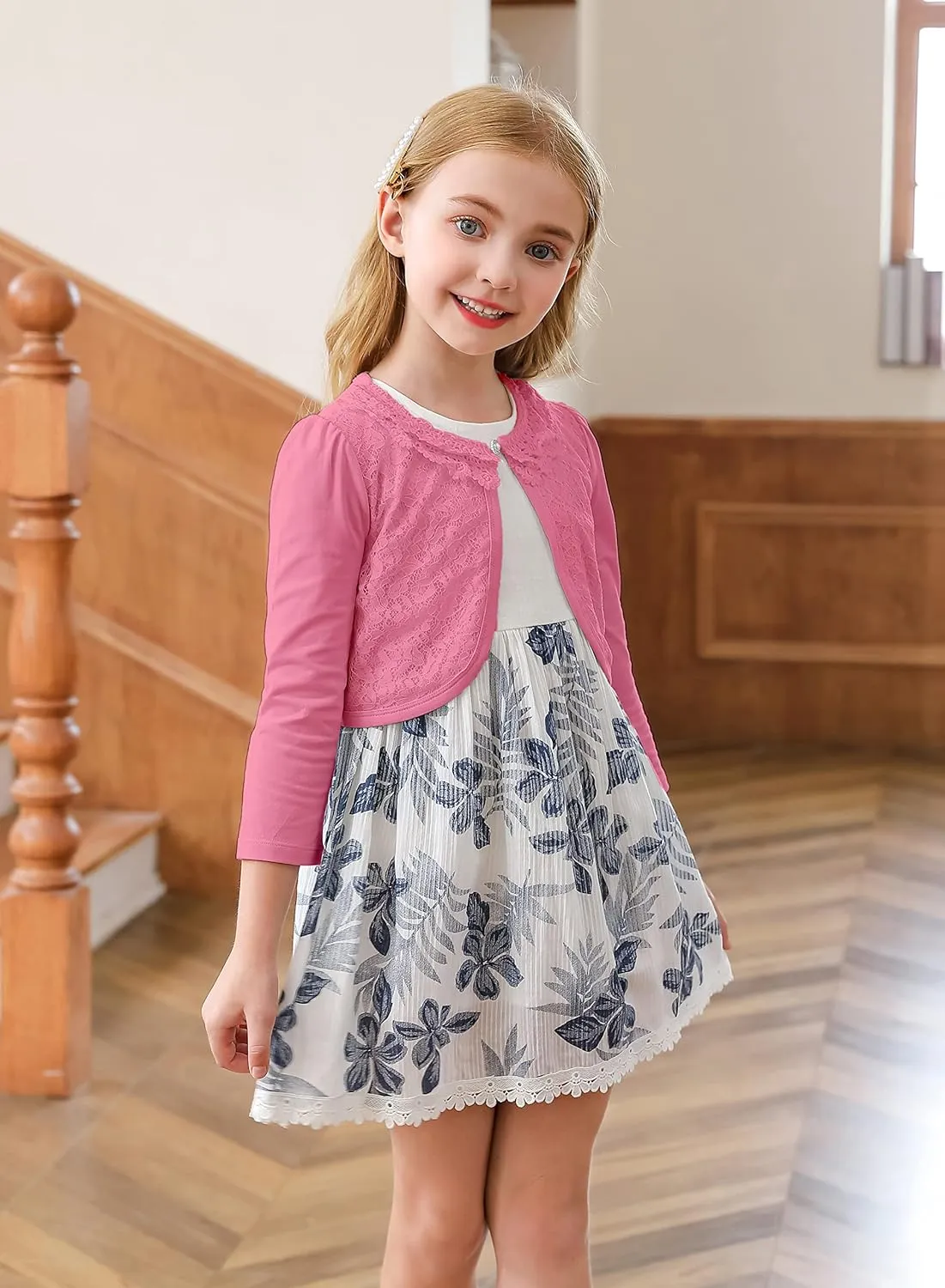 RAYPOSE Little Girls Cardigan Sweater Long Sleeve Dress Cover Up Pearl Button Open Front Lace Bolero Shrug Cotton