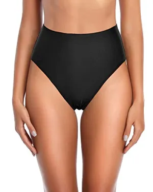 Retro High Cut Bikini Bottoms Tummy Control For Women-Black