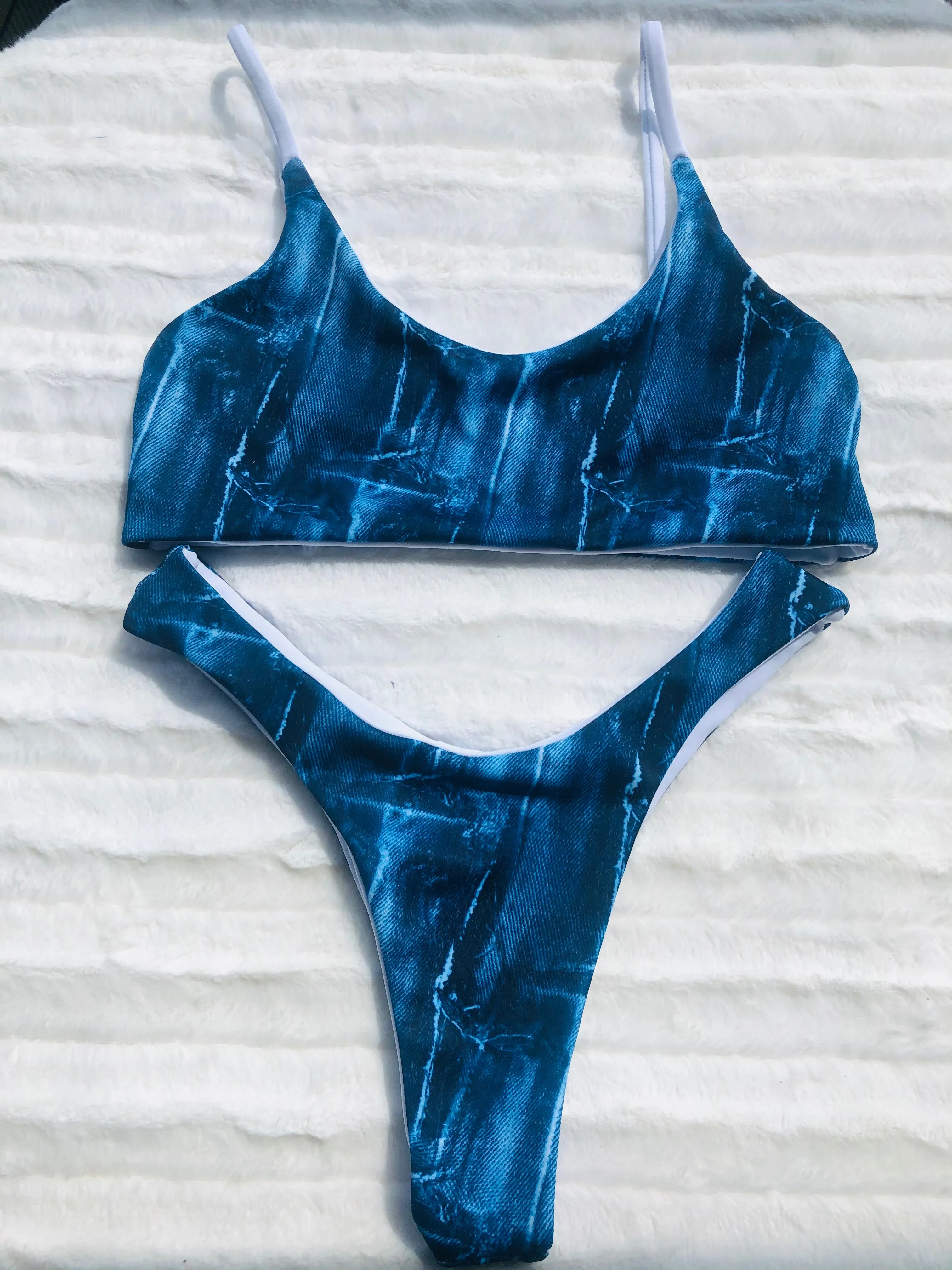 Ripped denim reversible bikini