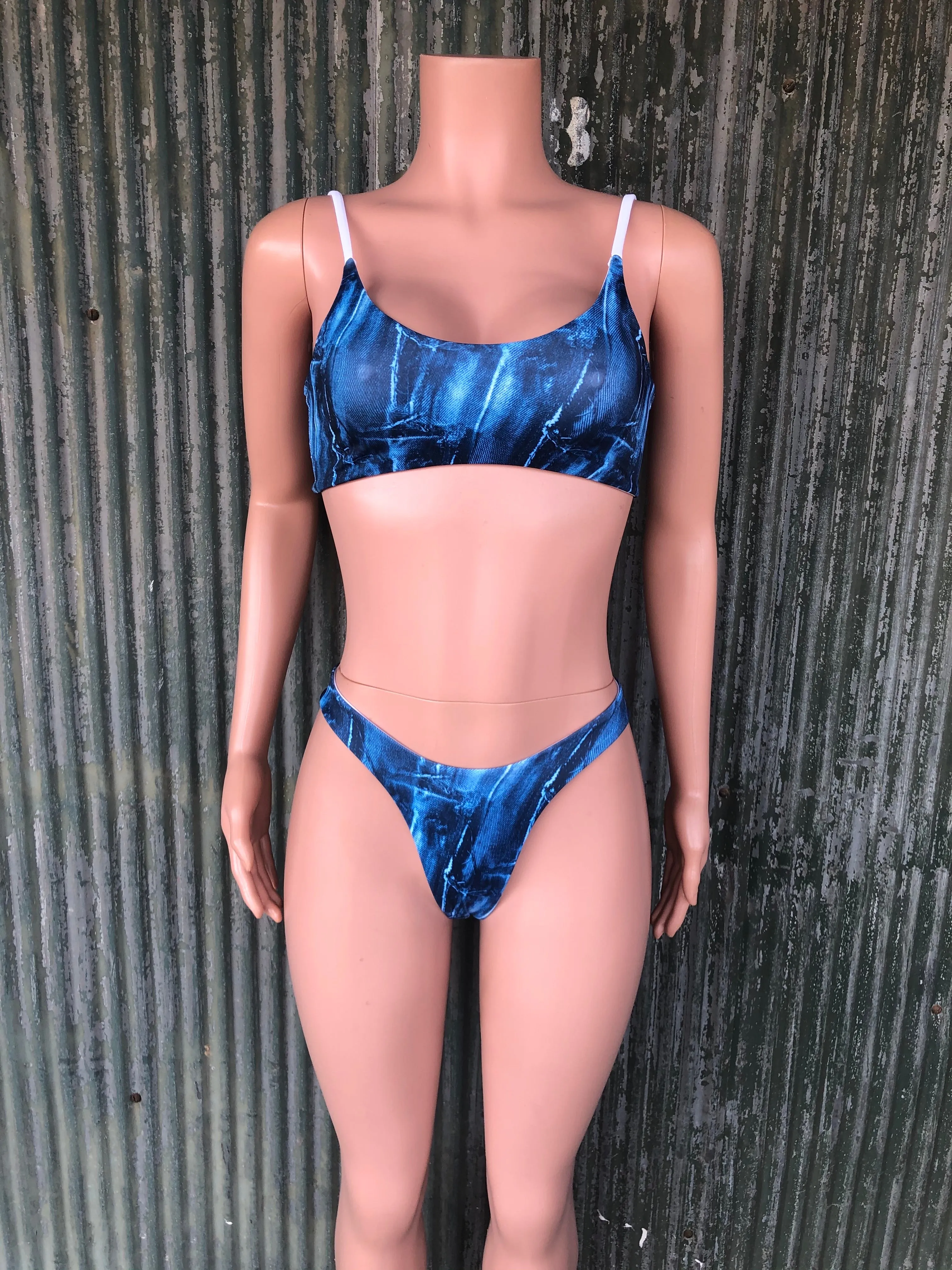 Ripped denim reversible bikini