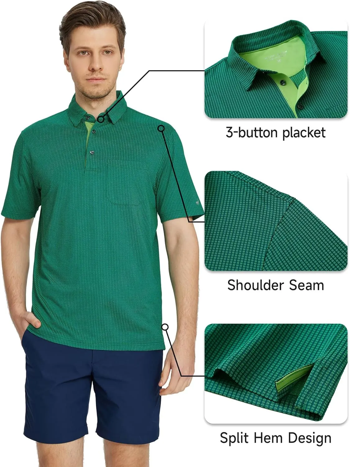 Rouen Mens Golf Shirts Short Sleeve Dry Fit Jacquard Performance Moisture Wicking Casual Pocket Collared Polo Shirts for Men