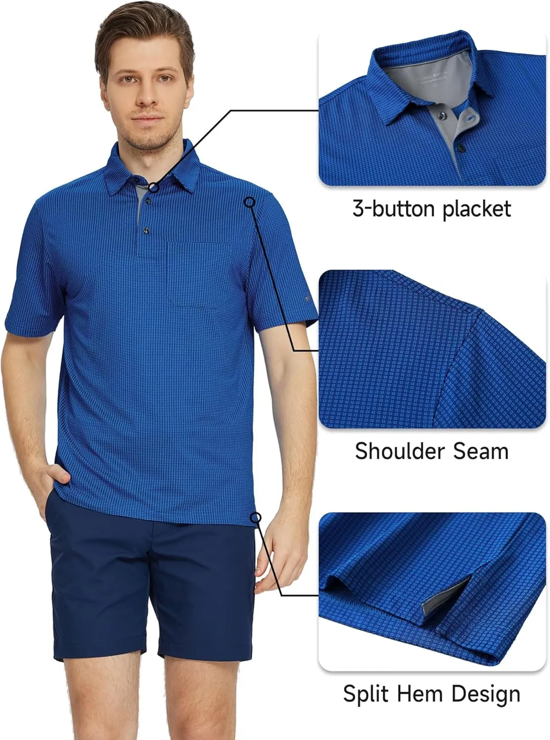 Rouen Mens Golf Shirts Short Sleeve Dry Fit Jacquard Performance Moisture Wicking Casual Pocket Collared Polo Shirts for Men