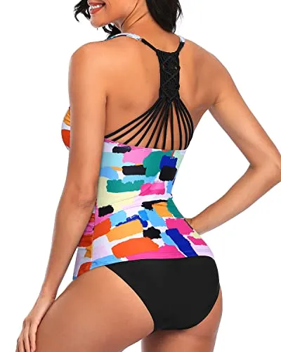 Ruched Panel Sexy Tankini Sets With V Neck Bathing Suits-Aqua