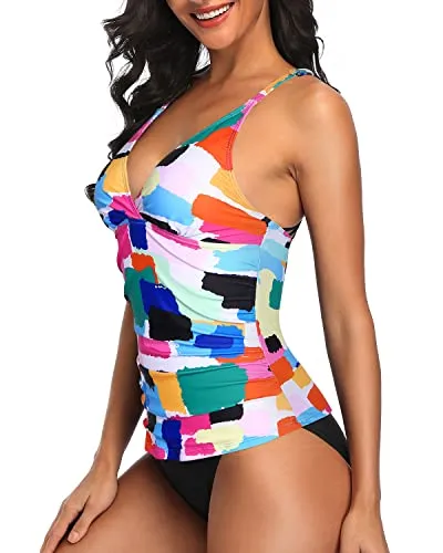 Ruched Panel Sexy Tankini Sets With V Neck Bathing Suits-Aqua
