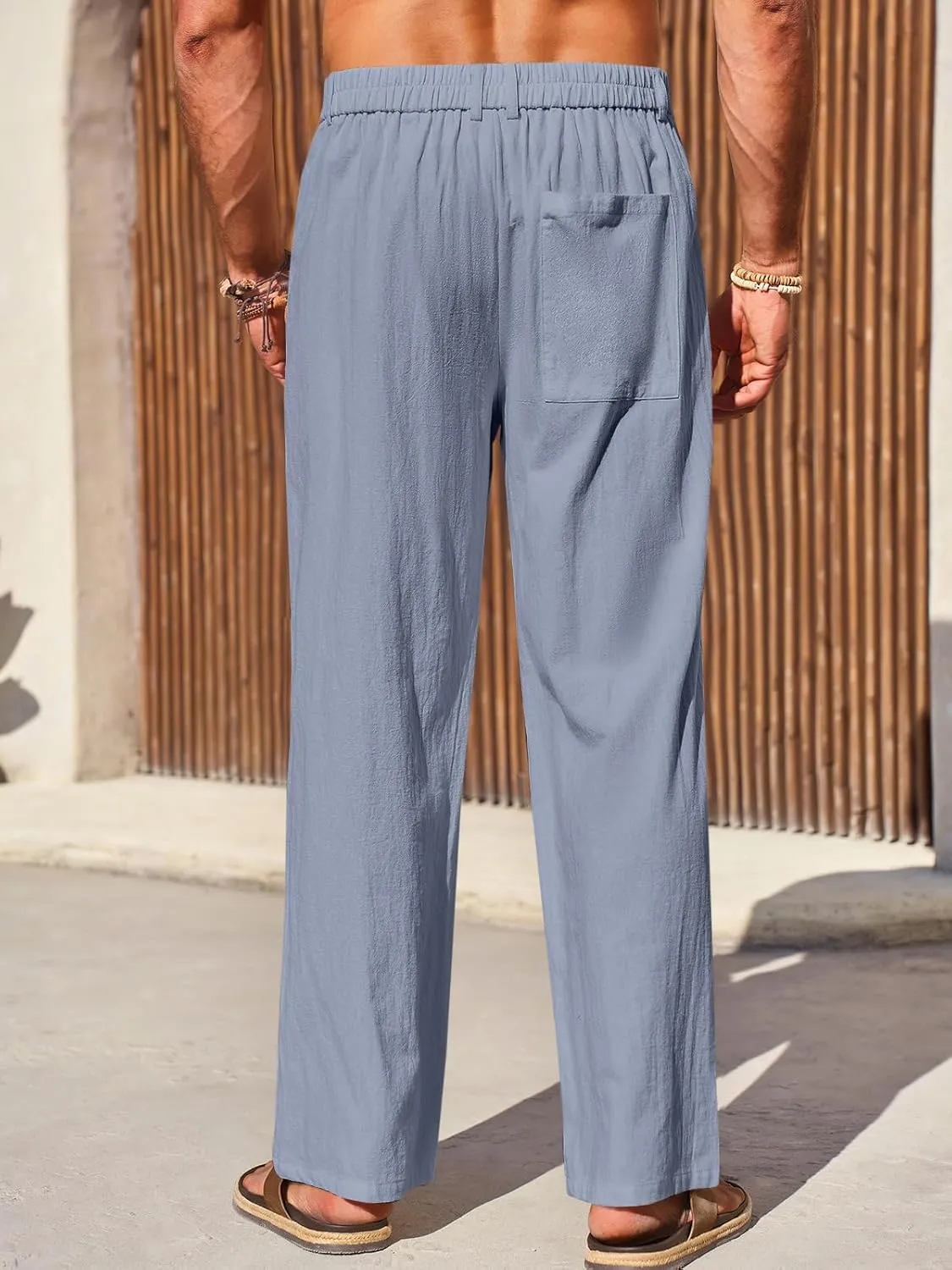 Runcati Mens Casual Cotton Pants Loose Fit Lightweight Elastic Waist Pants Baggy Wide Leg Summer Beach Yoga Linen Trousers