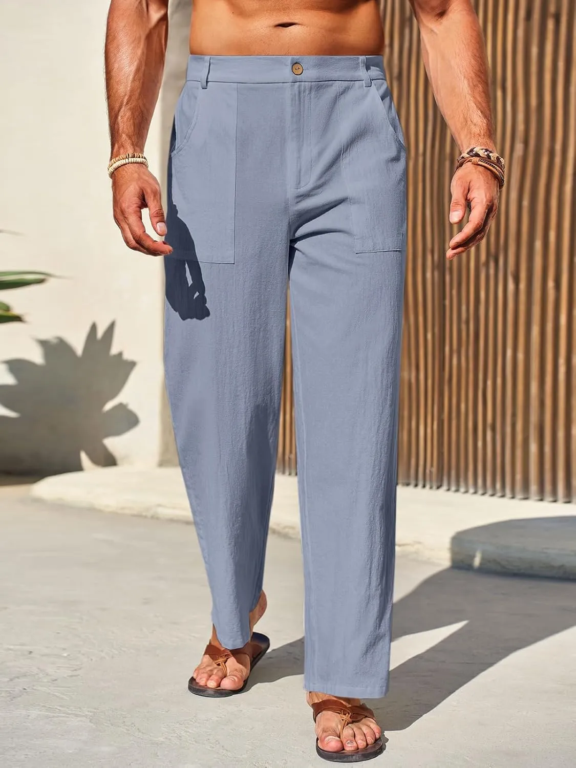 Runcati Mens Casual Cotton Pants Loose Fit Lightweight Elastic Waist Pants Baggy Wide Leg Summer Beach Yoga Linen Trousers