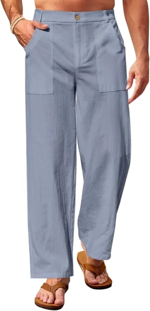 Runcati Mens Casual Cotton Pants Loose Fit Lightweight Elastic Waist Pants Baggy Wide Leg Summer Beach Yoga Linen Trousers