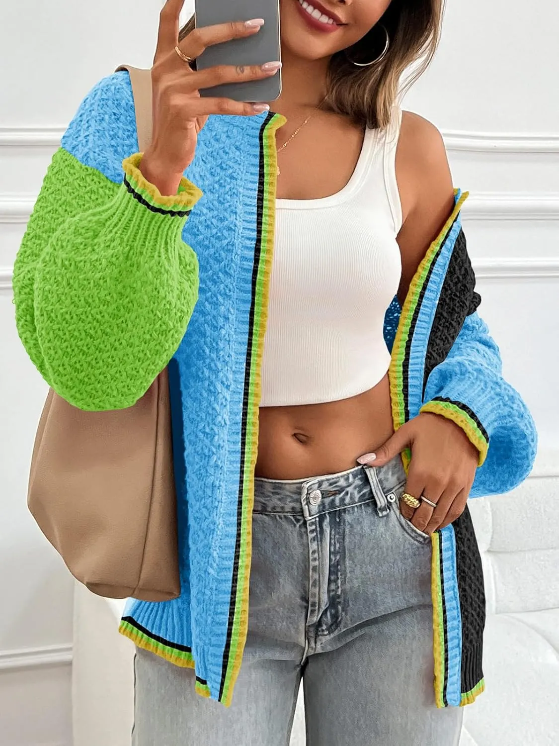 Saodimallsu Womens Color Block Cardigan Sweaters Open Front Chunky Knit Colorful Winter Sweater Coats