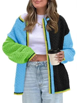 Saodimallsu Womens Color Block Cardigan Sweaters Open Front Chunky Knit Colorful Winter Sweater Coats