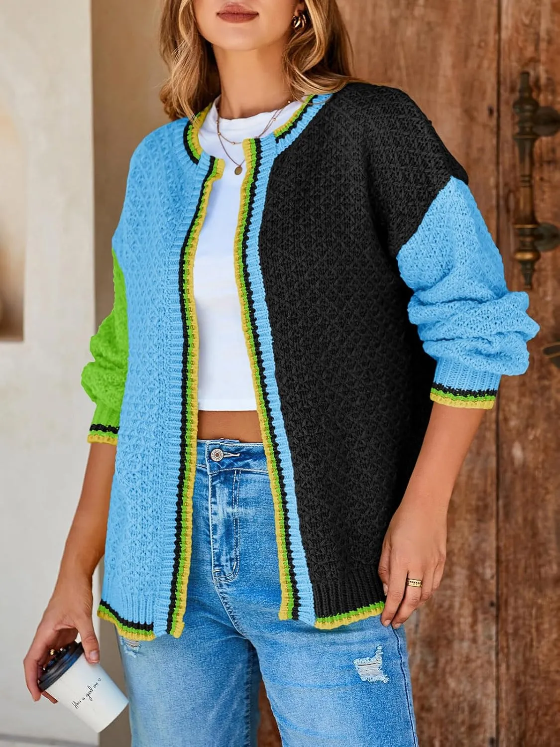 Saodimallsu Womens Color Block Cardigan Sweaters Open Front Chunky Knit Colorful Winter Sweater Coats