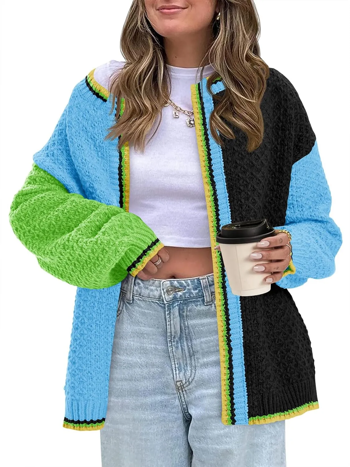 Saodimallsu Womens Color Block Cardigan Sweaters Open Front Chunky Knit Colorful Winter Sweater Coats