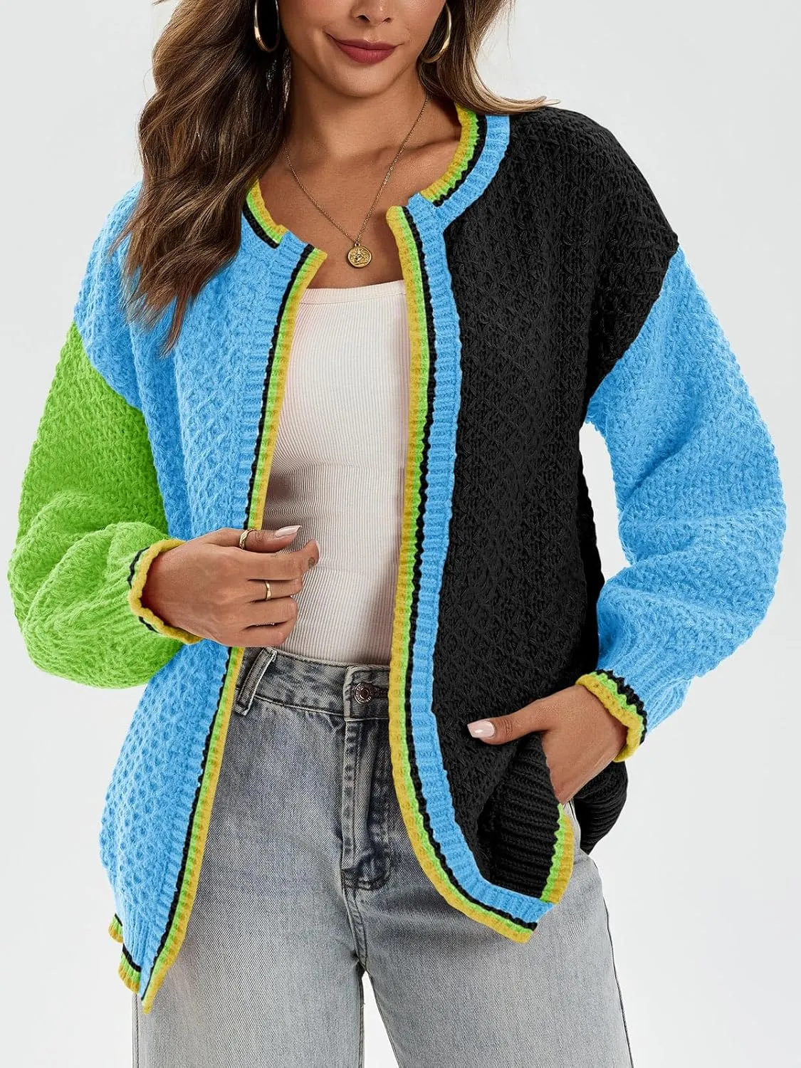 Saodimallsu Womens Color Block Cardigan Sweaters Open Front Chunky Knit Colorful Winter Sweater Coats