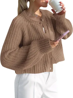 Saodimallsu Womens Puff Long Sleeve Cardigan Button Down Crew Neck Loose Open Front Knit Sweaters
