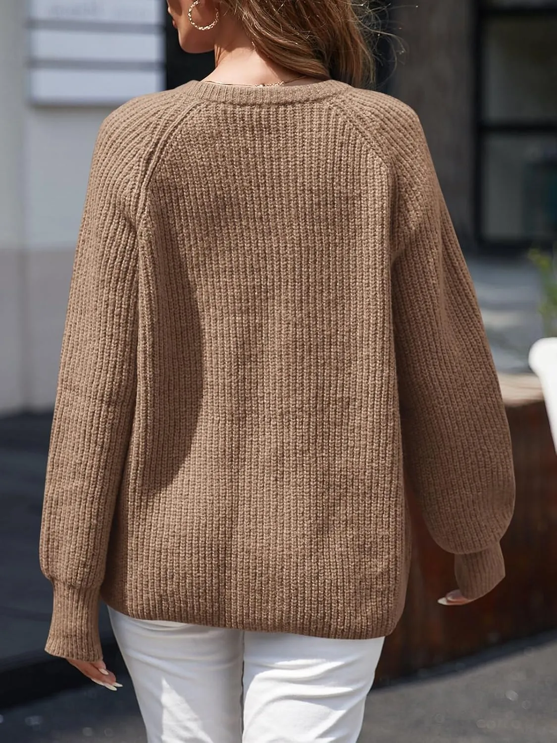 Saodimallsu Womens Puff Long Sleeve Cardigan Button Down Crew Neck Loose Open Front Knit Sweaters