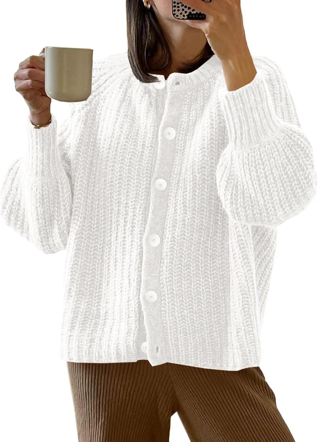Saodimallsu Womens Puff Long Sleeve Cardigan Button Down Crew Neck Loose Open Front Knit Sweaters