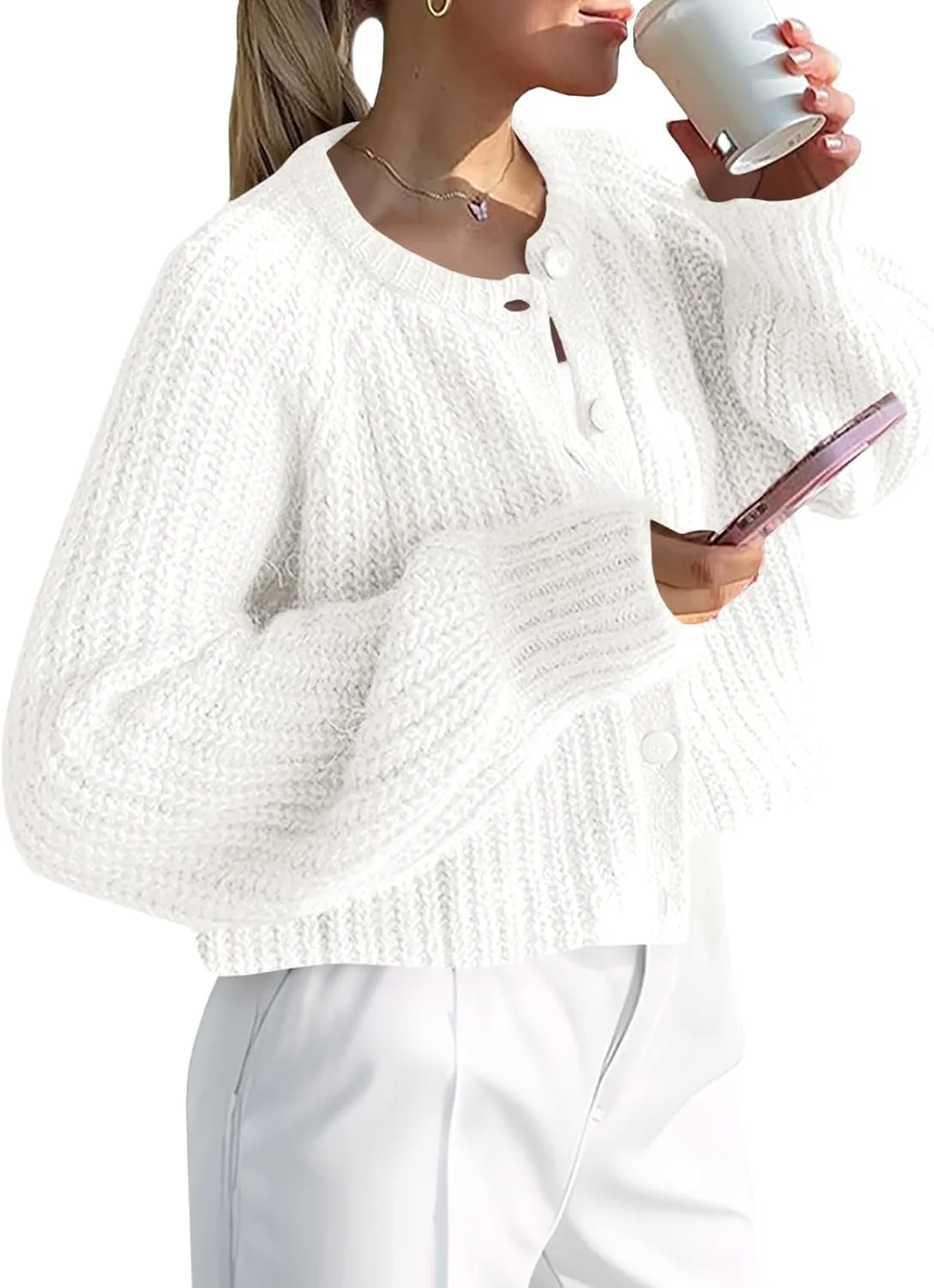 Saodimallsu Womens Puff Long Sleeve Cardigan Button Down Crew Neck Loose Open Front Knit Sweaters