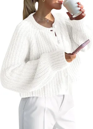 Saodimallsu Womens Puff Long Sleeve Cardigan Button Down Crew Neck Loose Open Front Knit Sweaters