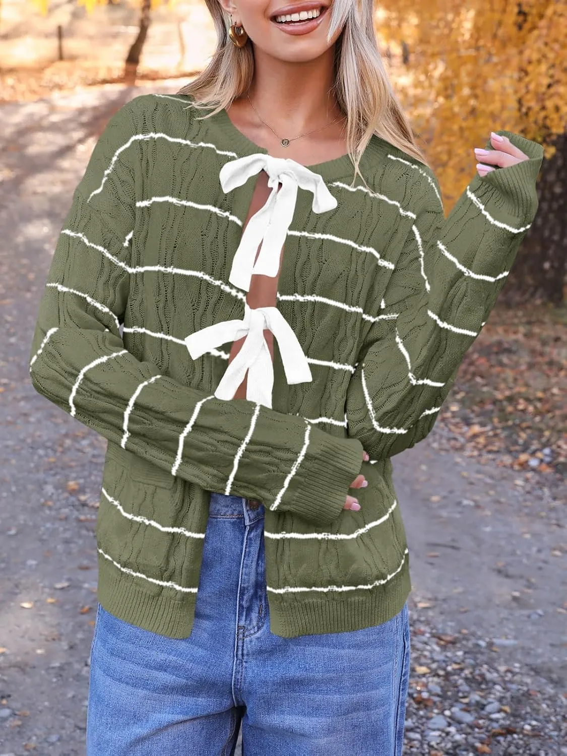 Saodimallsu Womens Striped Tie Front Cardigan Sweaters Crew Neck Long Sleeve Cable Knit Bow Knot Trendy Sweater Tops