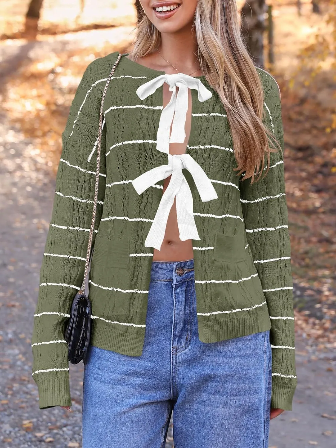 Saodimallsu Womens Striped Tie Front Cardigan Sweaters Crew Neck Long Sleeve Cable Knit Bow Knot Trendy Sweater Tops