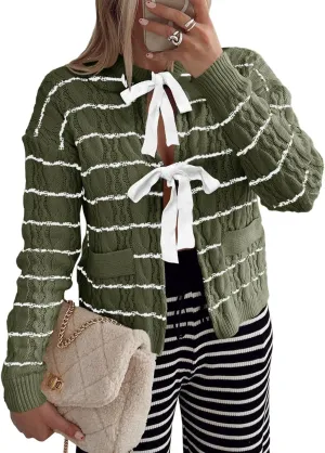 Saodimallsu Womens Striped Tie Front Cardigan Sweaters Crew Neck Long Sleeve Cable Knit Bow Knot Trendy Sweater Tops