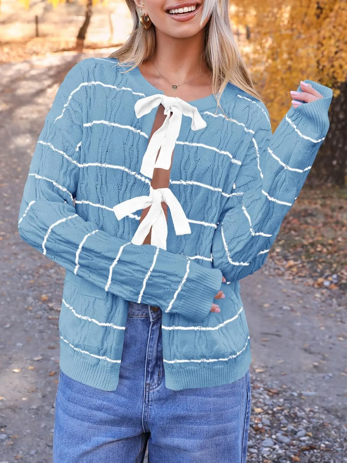 Saodimallsu Womens Striped Tie Front Cardigan Sweaters Crew Neck Long Sleeve Cable Knit Bow Knot Trendy Sweater Tops