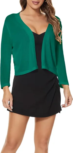 Satuun Women's 3/4 Sleeve Bolero Shrugs Lightweight Open Front Cropped Cardigan Sweaters