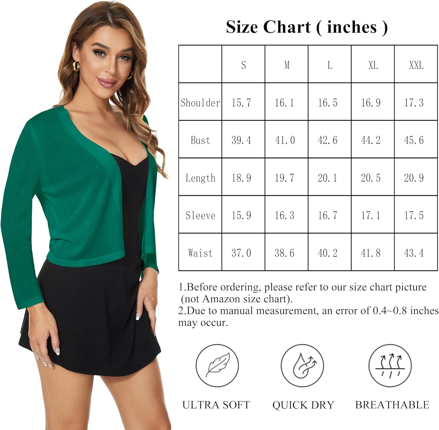 Satuun Women's 3/4 Sleeve Bolero Shrugs Lightweight Open Front Cropped Cardigan Sweaters