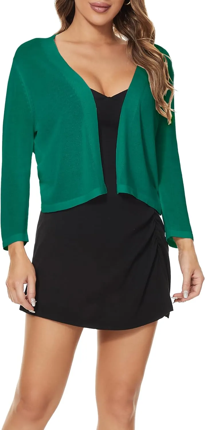 Satuun Women's 3/4 Sleeve Bolero Shrugs Lightweight Open Front Cropped Cardigan Sweaters