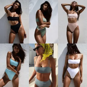 Sexy Bikinis Solid Push Up Bikini Hot Sale Padded Bra Straps High Waist Swimsuit Female Swimwear Women Biquini