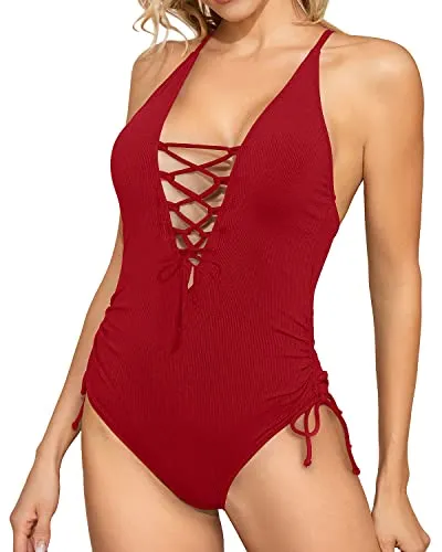 Sexy Deep Adjustable Lace Up One Piece Swimsuit For Women-Red