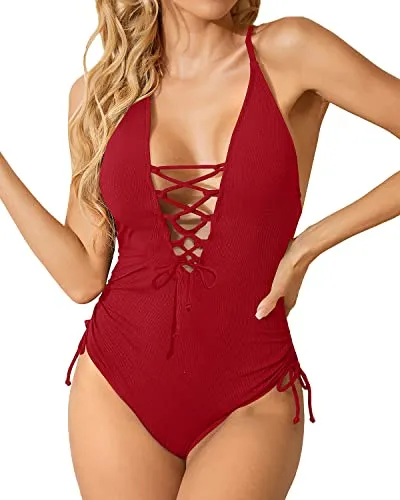 Sexy Deep Adjustable Lace Up One Piece Swimsuit For Women-Red