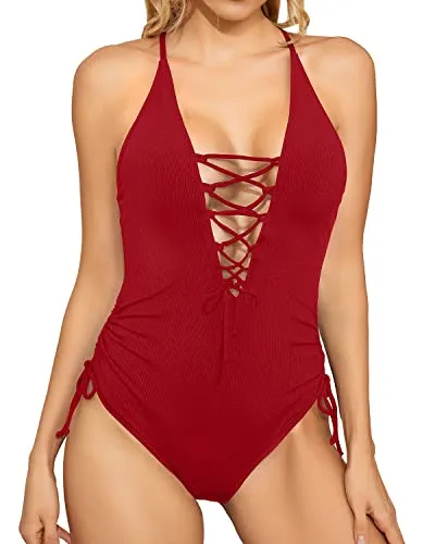 Sexy Deep Adjustable Lace Up One Piece Swimsuit For Women-Red