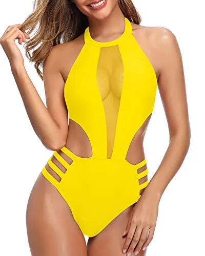 Sexy Mesh Cutout Plunge Backless One Piece Monokini Swimwear-Neon Yellow